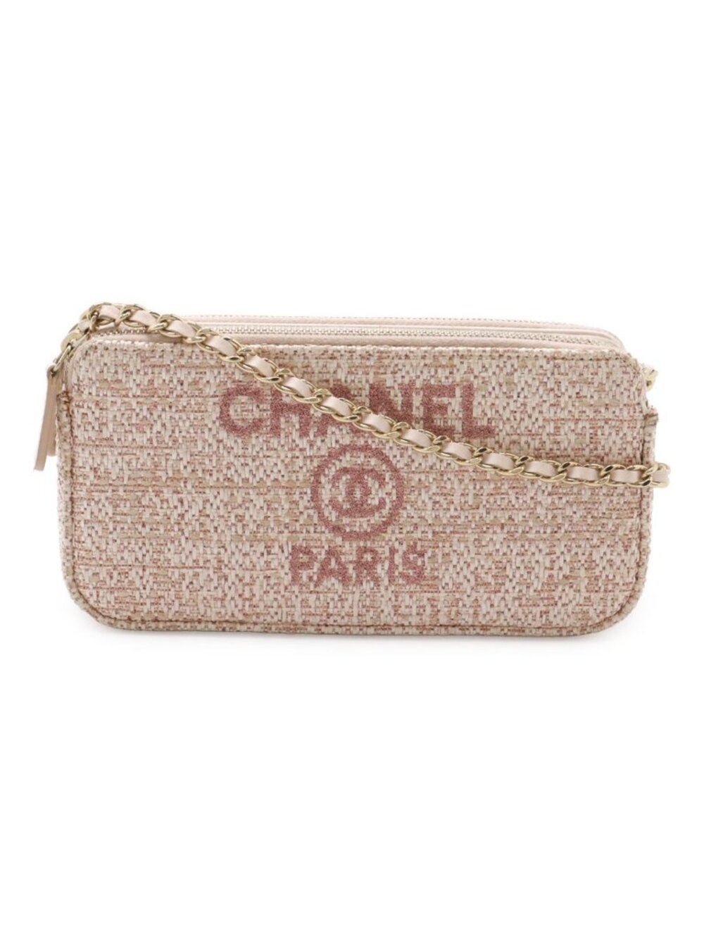 Chanel Deauville Chain Wallet 2-Way Shoulder Bag Clutch Tweed Lame Raffia Pink